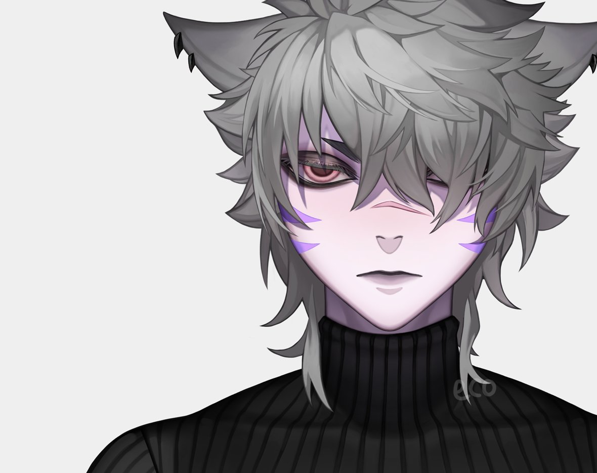 1boy male focus solo animal ears grey hair turtleneck sweater  illustration images