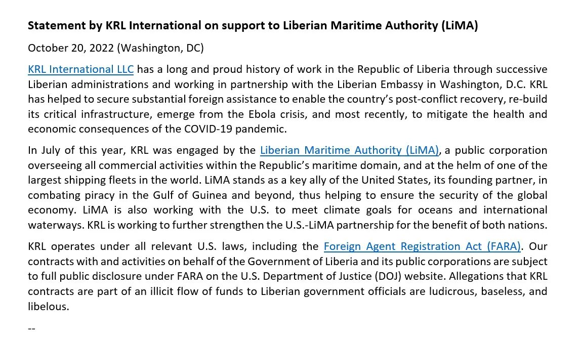 KRL International (@krlintl) on Twitter photo KRL stands by its work with the <a href="/LiberiaMaritime/">Liberia Maritime</a> Authority, a key partner of the U.S. in combatting piracy and meeting climate goals. KRL stands by its work with the <a href="/LiberiaMaritime/">Liberia Maritime</a> Authority, a key partner of the U.S. in combatting piracy and meeting climate goals.