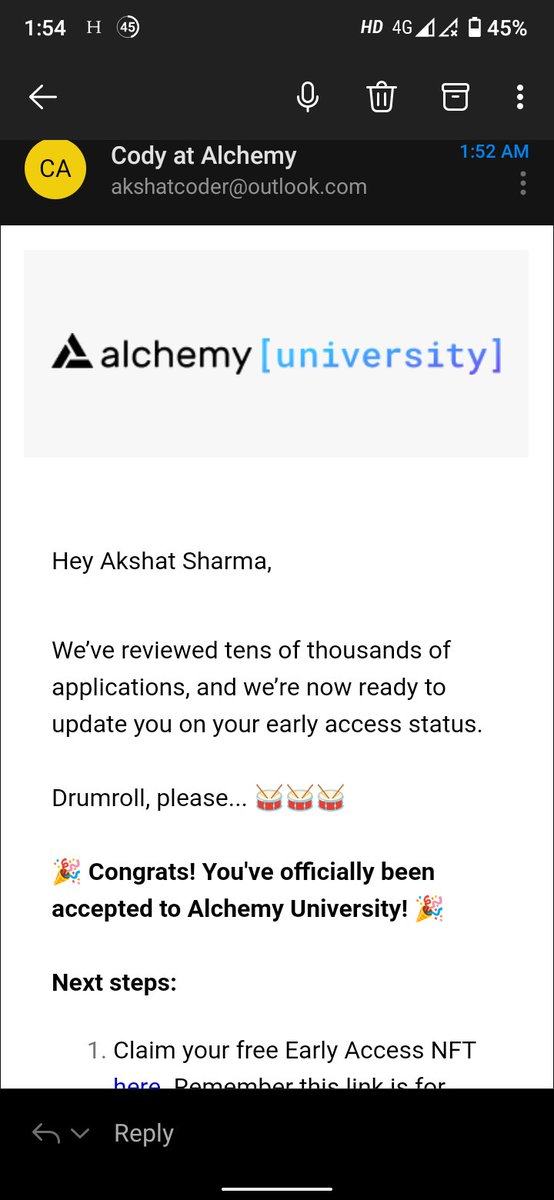akshat | svm/acc (🔴,💊) (@akshatwts) on Twitter photo <a href="/AlchemyLearn/">Alchemy University</a> Accepted!!!!
<a href="/AlchemyLearn/">Alchemy University</a> ❤️🎉🎉 <a href="/AlchemyLearn/">Alchemy University</a> Accepted!!!!
<a href="/AlchemyLearn/">Alchemy University</a> ❤️🎉🎉