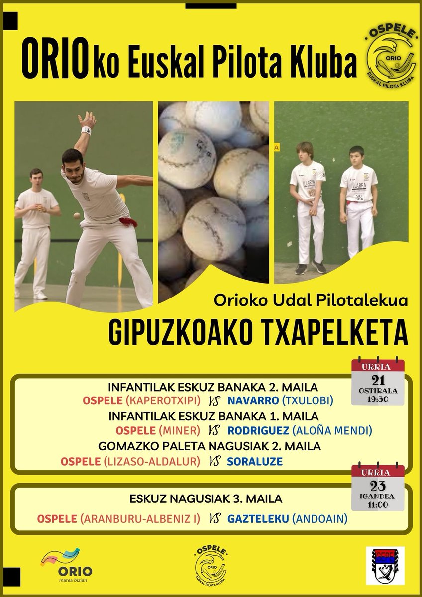 Hauek dira asteburu honetan jokatuko diren etxeko partiden karteldegia.
Eman gogor! 💪

#oriopilota #orio #eskupilota #errendimendua #gomazkopaleta #euskalpilota #pelotavasca

<a href="/OriokoUdala/">Orioko Udala</a> 
@karkaraeus 
@ukHitza
<a href="/gipuzkoagaur/">GipuzkoaGaur</a> 
@GipuzkoaPilota