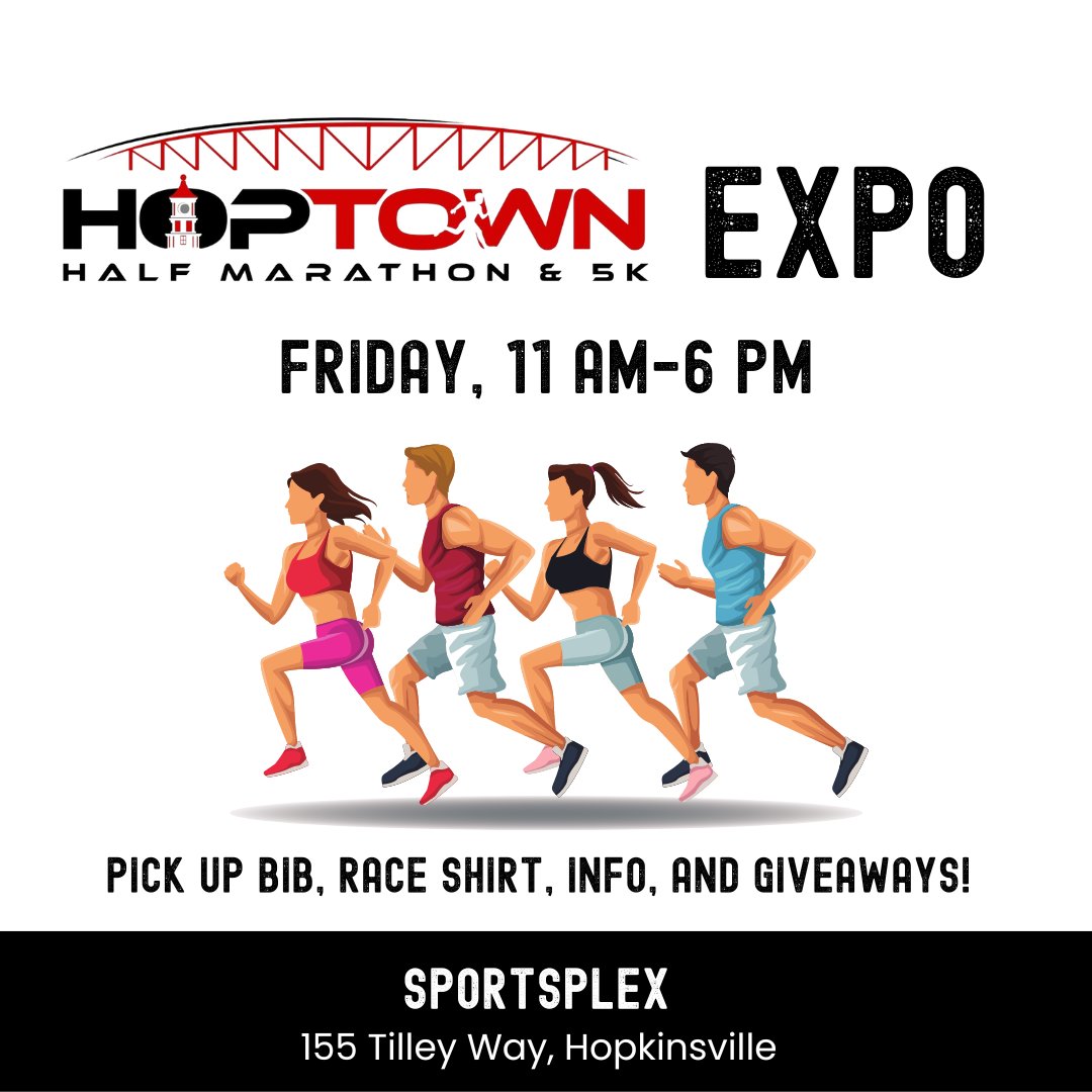 TOMORROW‼️ Racers, make sure to stop by the Hoptown Half Expo at the Sportsplex to pick up your race bib and shirt and get info for race day! ➕Awesome giveaways from our sponsors!