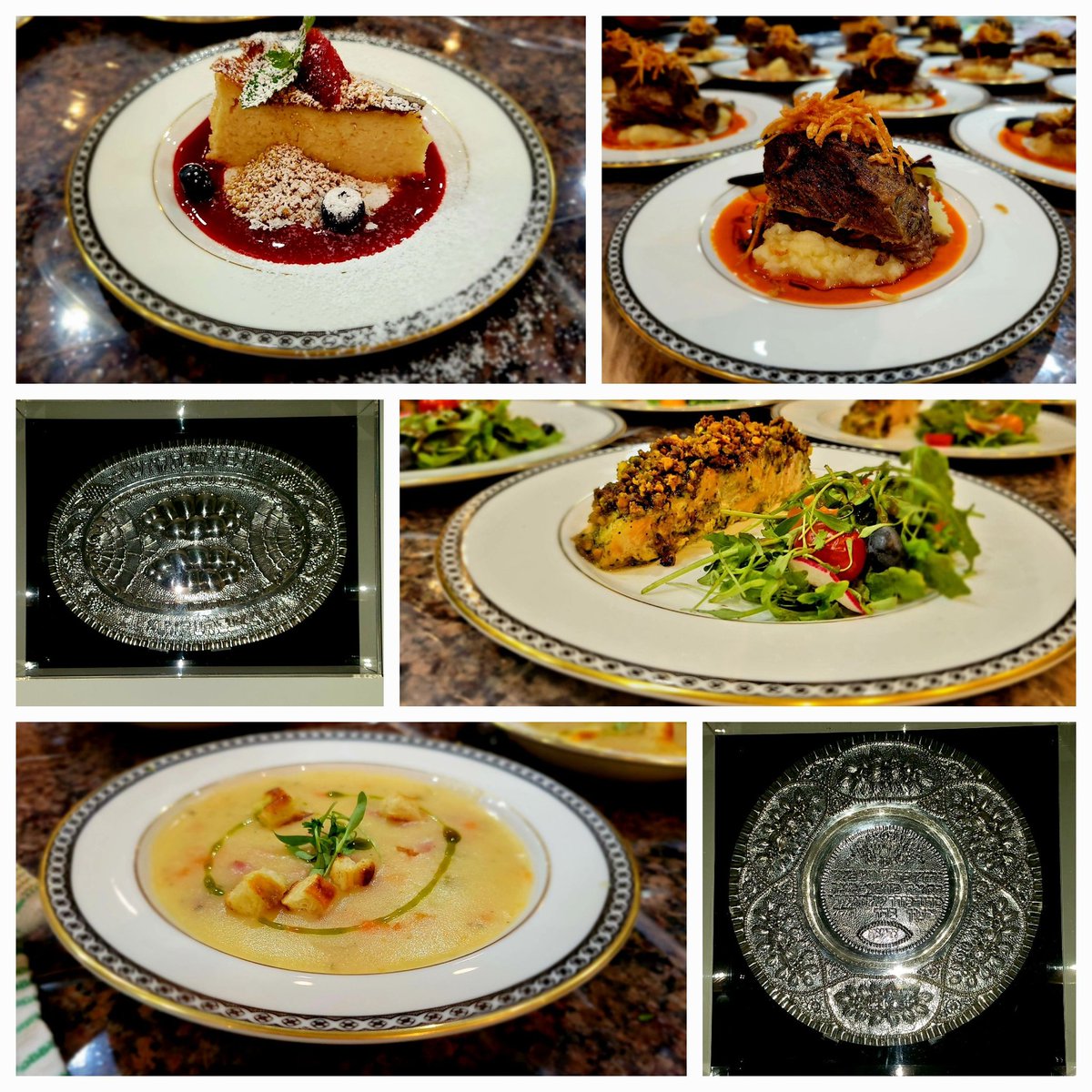 BettyHan13's tweet photo. Basque cheesecake,  braised bone in beef, pistachio crusted salmon, chicken cream soup. #sukkot2022 #Kosher #cateringservices #food https://t.co/ms8EwfZ8bq