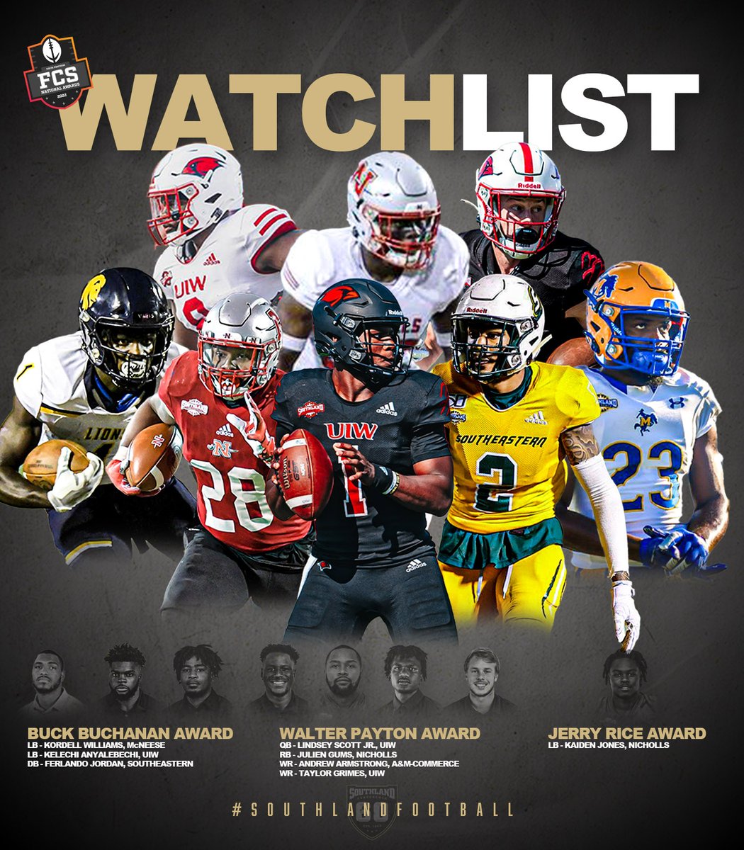 SouthlandSports's tweet photo. 𝗪𝗔𝗧𝗖𝗛 '𝗘𝗠 👀

The 2022 FCS National Awards Watch Lists have dropped at the Southland is well represented!

#SouthlandFootball https://t.co/zVTRUTxBeW