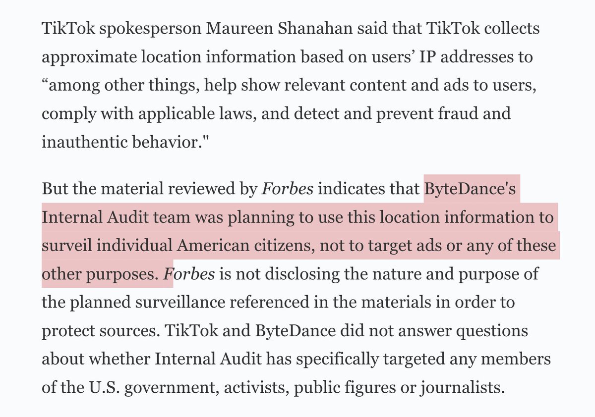 Here is your red flag. A 🇨🇳Beijing-based team at #TikTok planned to surveil the movements of 🇺🇸U.S. citizens. Per report by @ebakerwhite forbes.com/sites/emilybak…