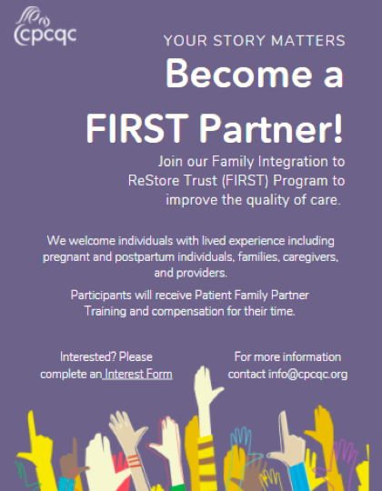 Get involved with CHoSEN's work! The Family Integration to ReStore Trust (FIRST) Program is seeking to engage individuals, families, caregivers, and providers with pregnancy experience. 👉  Reach out to info@cpcqc.org for more information. #CHoSENForum