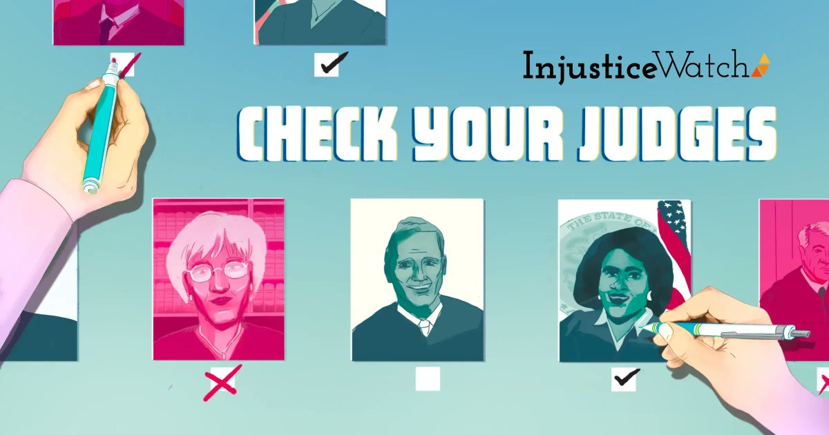 BlockClubCHI's tweet photo. Judges have the power to take someone’s freedom, enforce or overturn laws and correct or perpetuate injustices.

Before you vote, read up on the judges running for retention in Cook County. @injusticewatch's guide makes it easy: https://t.co/cY1oLHdvp3 

#checkyourjudges https://t.co/De8GCsQ7Fi