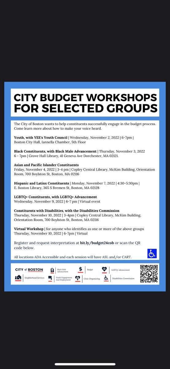 OfficeofBMA's tweet photo. The Office of Budget Management has partnered with @BostonCivicOrg and @OfficeofBMA to host Budget Educational Workshops, to engage Boston’s Black community prior to FY24 budget. Join us Thursday, November 3, 2022 at 6pm at Grove Hall CC to learn more about the budget process! https://t.co/9DGKoOobIY
