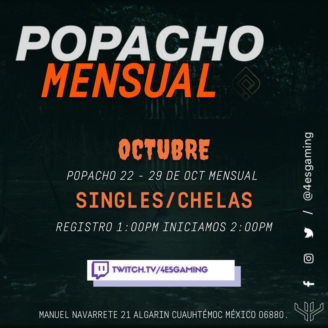 4esGaming's tweet photo. 👻#Popacheros 🕷
Estamos muy cerca de #Popacho mensual y en esta ocasión será espeluznante, a todo jugador que venga disfrizado tendra un 50% de descuento💀
El registro será a partir de la 1:00pm
Iniciamos a las 2:00pm
Los esperamos!
https://t.co/i0EldlA45m https://t.co/L2ovAs9cl7