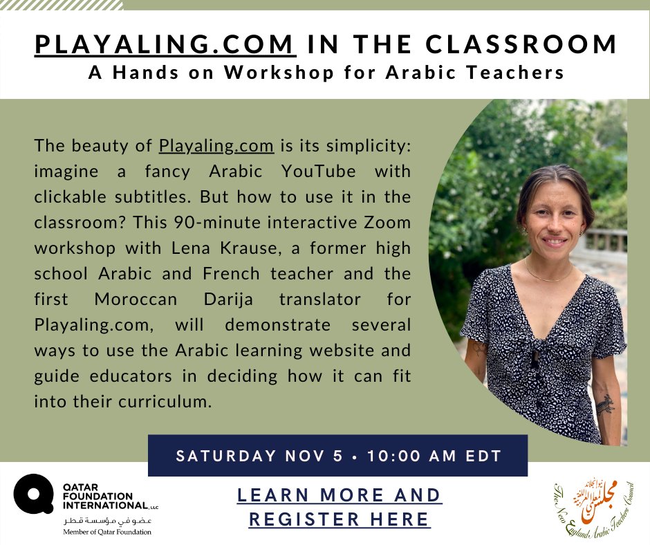 Join us on 11/5 @ 10am for a workshop with <a href="/lena0k/">Lena Krause</a> on using Playaling.com for Arabic teachers. For more info &amp; to register go here: bit.ly/3ETJj4u