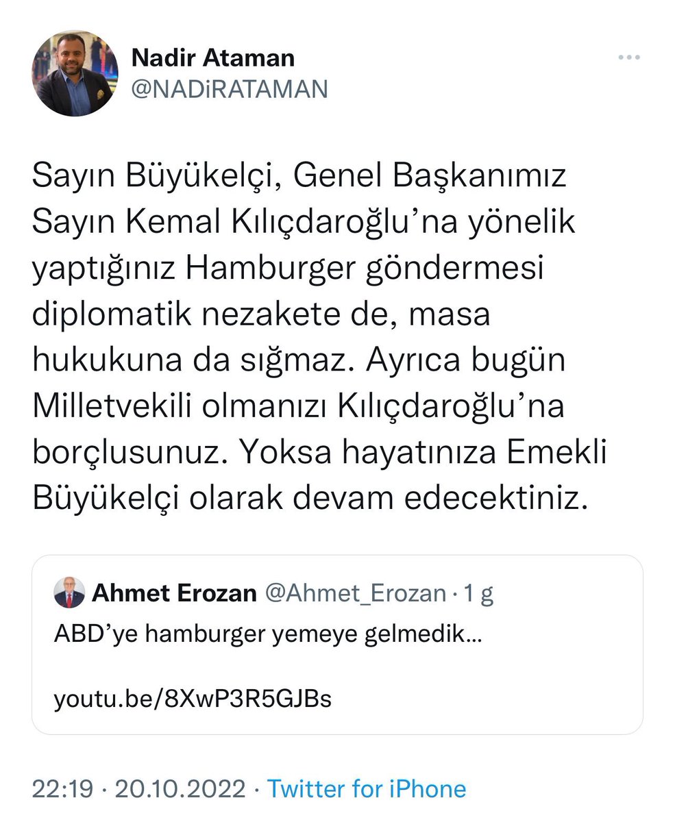 İBB Meclis Üyesi CHP'li Nadir Ataman, Kılıçdaroğlu’na hamburger göndermesi yapan İP’li Ahmet Erozan’a tepki gösterdi: “Milletvekili olmanızı Kılıçdaroğlu’na borçlusunuz.” Daha önce HDP’de İYİ Parti’ye tepki gösterip, “Koltuğunuzda HDP ve PKK sayesinde oturuyorsunuz” demişti.