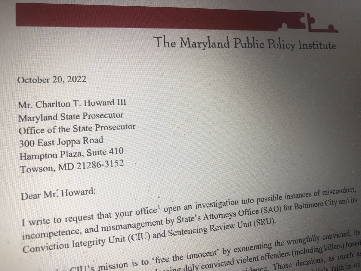 The Maryland Public Policy Institute calls on the State Prosecutor to investigate the city States Attorneys Office alleging its exonerated defendants based on falsified evidence.