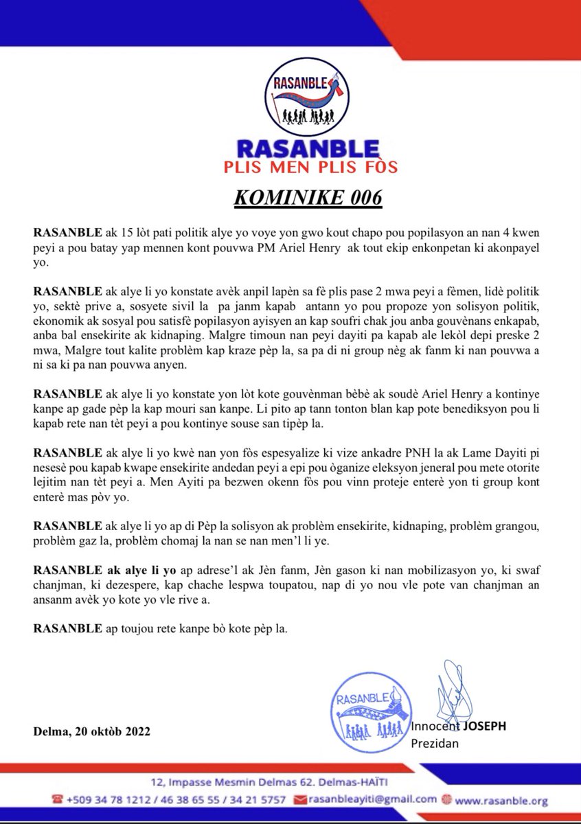HAITIANNEWS3's tweet photo. #RASANBLE/#Politique :RASANBLE se met au côté de la jeunesse haïtienne.“RASANBLE ak alye yo ap adrese’l ak Jèn fanm,Jèn gason ki nan mobilizasyon yo,ki swaf chanjman,ki dezespere,kap chache lespwa toupatou,nap di yo nou vle pote van chanjman an ansanm ak yo kote yo vle rive a” https://t.co/kU26qOU3vS