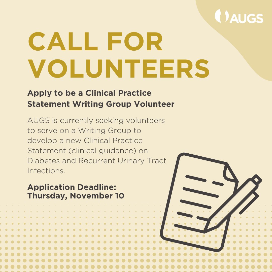 Call for Volunteers 📣 AUGS is currently seeking volunteers to serve on a Writing Group to develop a new Clinical Practice Statement (clinical guidance) on Diabetes and Recurrent Urinary Tract Infections

Learn more📝 augs.org/volunteer-cent…

#diabetes #UTI #urogyn @urogynjournal