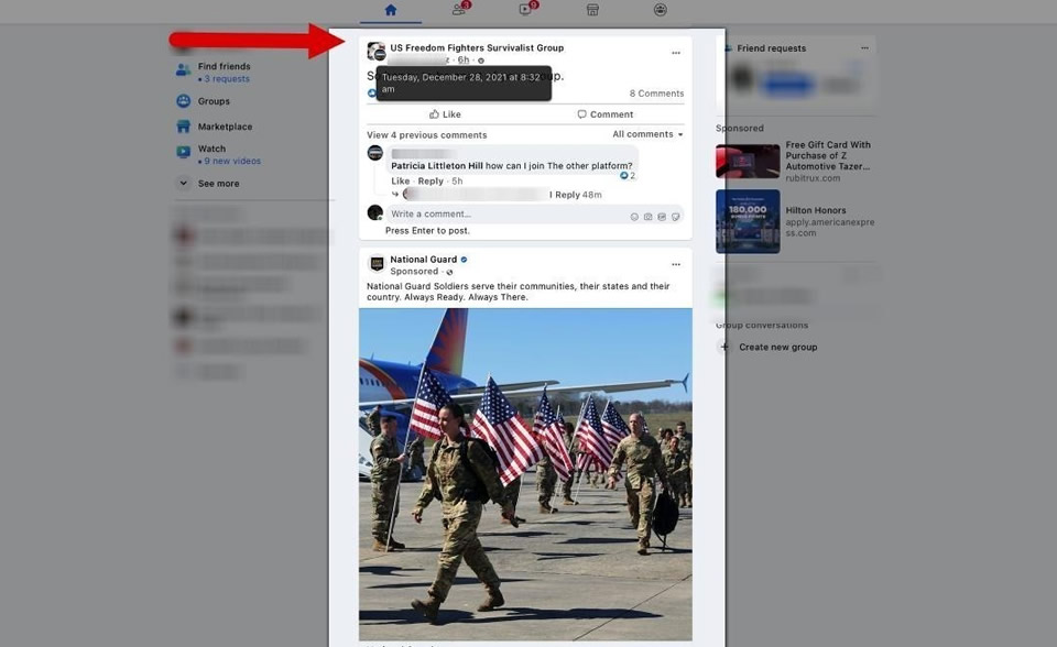 Our account—which is meant to mirror the behavior of a domestic extremist—was served @BaltimorePolice, @FBI, and @NationalGuard recruitment ads while actively viewing extremist content.