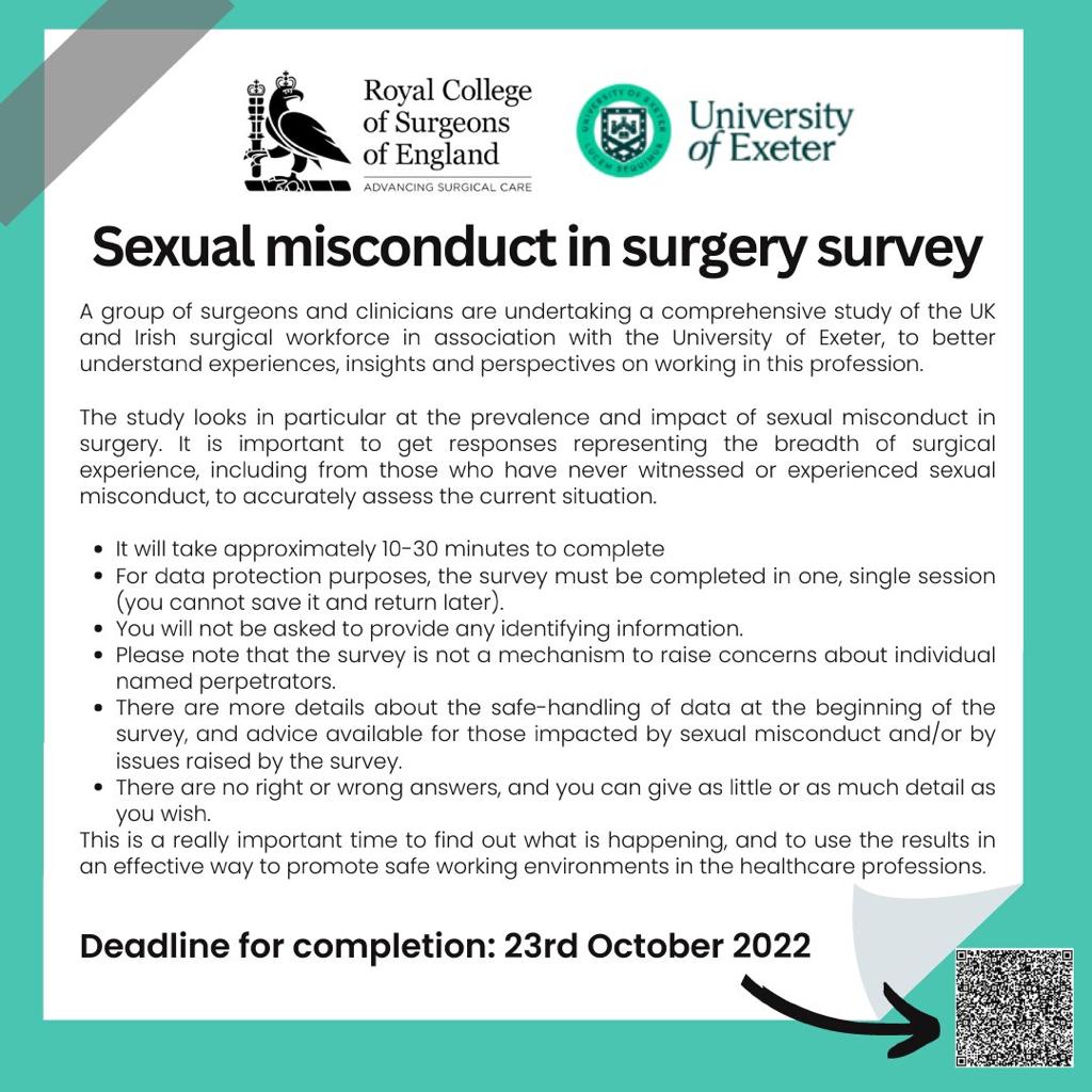 BOTA is supporting the Working Party on Sexual Misconduct Survey. Please take the time to fill in this important survey looking at sexual misconduct in surgery. Deadline for completion is this Sunday Link to complete: exetercles.eu.qualtrics.com/jfe/form/SV_3p…