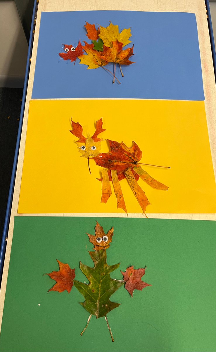 This week we read “Leaf Man” by Lois Ehlert which inspired our own leaf creatures. Here is a turkey, a deer and a man. 🍁 🍂
