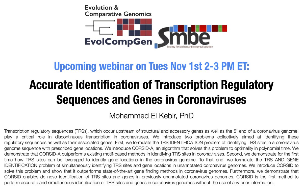 Erin Molloy (@erinkmolloy) on Twitter photo Mixed feelings about it being almost Nov -- but looking forward to <a href="/ISCB/">ISCB News</a> + <a href="/OfficialSMBE/">Society for Molecular Biology and Evolution</a> webinar on identifying transcription regulatory seqs & genes in coronaviruses w/ Mohammed El Kebir!
Log in: iscb.junolive.co
Free account: iscb.swoogo.com/ISCBnucleus-re… Mixed feelings about it being almost Nov -- but looking forward to <a href="/ISCB/">ISCB News</a> + <a href="/OfficialSMBE/">Society for Molecular Biology and Evolution</a> webinar on identifying transcription regulatory seqs & genes in coronaviruses w/ Mohammed El Kebir!
Log in: iscb.junolive.co
Free account: iscb.swoogo.com/ISCBnucleus-re…