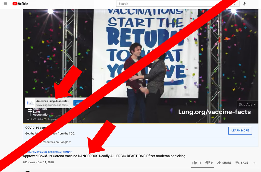 In one ironic twist, a paid message about vaccine facts from @LungAssociation accompanied a video that spread harmful false information about alleged vaccine side effects.