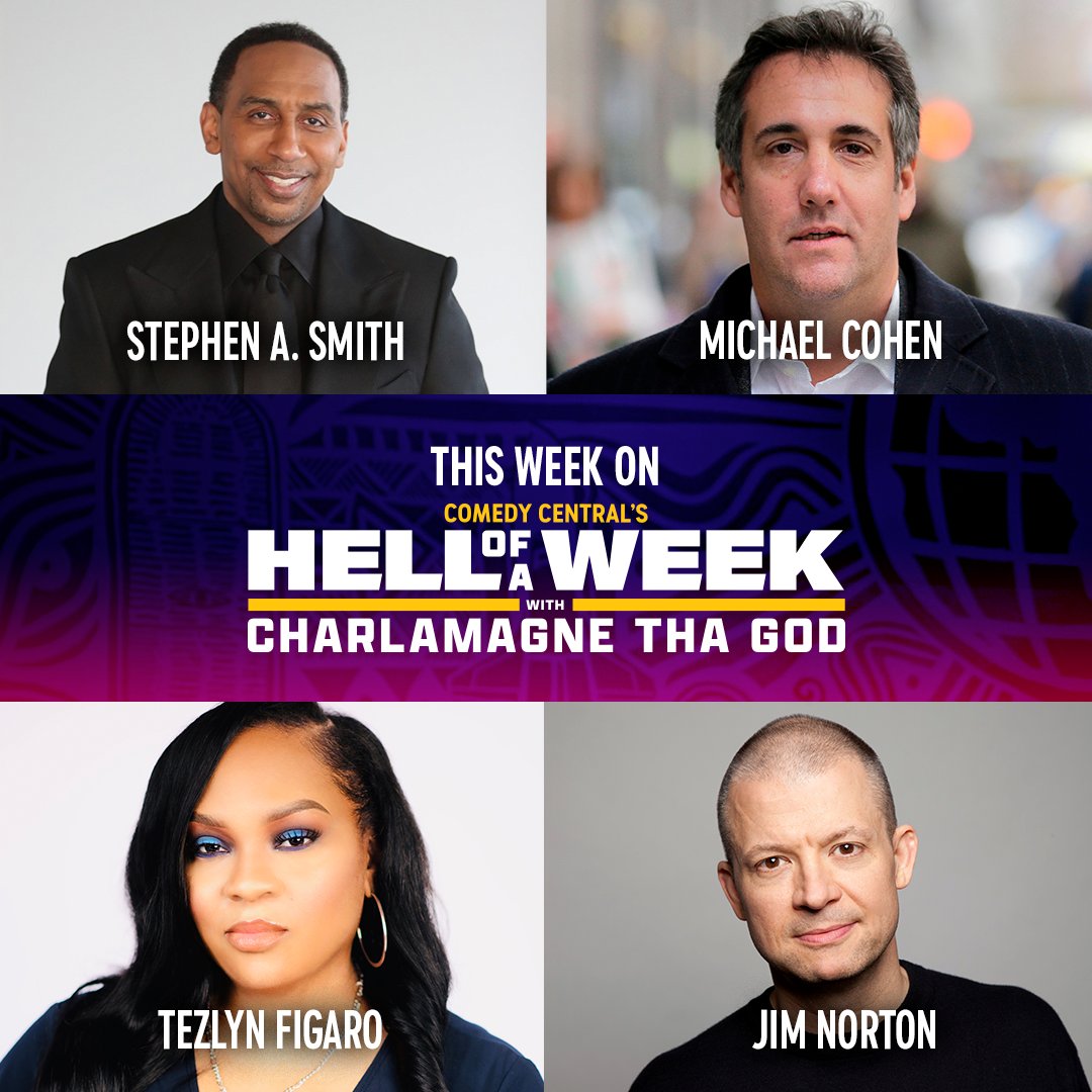 We have a can’t-miss show ahead! @michaelcohen212 @jimnorton @tezlynfigaro are hopping on the panel + @stephenasmith will sit-down with @cthagod to talk about his memoir, Straight Shooters, TONIGHT on #HellofAWeek