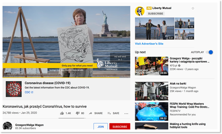 This @LibertyMutual ad ran before a Polish-language clip that spread racist disinformation about COVID-19 and was viewed over 20,000 times. Thanks to YouTube, the video's creator was paid for their harmful content.