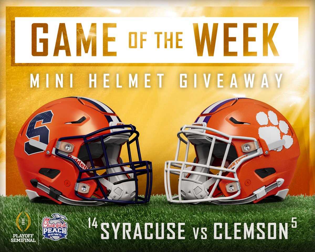 A battle between undefeated <a href="/theACC/">The ACC</a> division rivals for a shot to be one step closer to the #CFAPeachBowl Semifinal game 👀

For a chance to win a <a href="/CuseFootball/">Syracuse Football</a> or <a href="/ClemsonFB/">Clemson Football</a> mini helmet:
🔸 Follow us
🔸 Retweet
🔸 Comment your pick to win our Game of the Week
