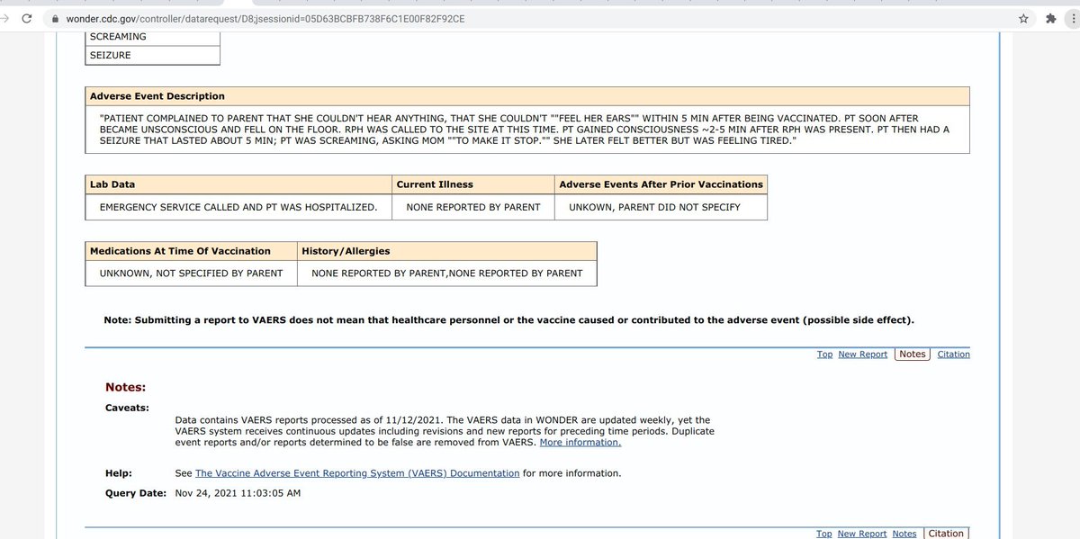 'Mommy, make it stop!' 11 yo female - 5 minutes post 1st dose, said she couldn't hear, said she 'couldn't feel her ears' Lost consciousness, came to after ~2-5 minutes After - Had a seizure for 5 minutes Screamed for Mom to 'Make it Stop' The CDC will regret this. VAERS data 1/
