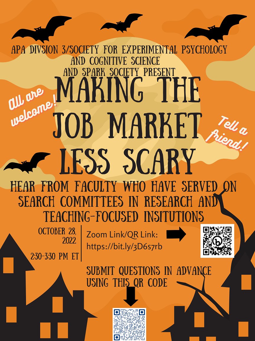 Division 3 of APA (@apadivision3) on Twitter photo Calling all Early-Career Researchers!
Please join <a href="/APADivision3/">Division 3 of APA</a> and @SocietySpark next Friday (10/28, 2:30pm ET) as we demystify what goes on in psychology departments’ search committees for tenure-track faculty!
To RSVP and submit questions: tinyurl.com/LessScary Calling all Early-Career Researchers!
Please join <a href="/APADivision3/">Division 3 of APA</a> and @SocietySpark next Friday (10/28, 2:30pm ET) as we demystify what goes on in psychology departments’ search committees for tenure-track faculty!
To RSVP and submit questions: tinyurl.com/LessScary