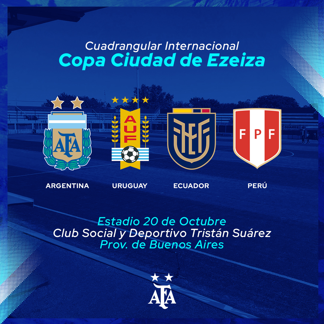 Argentina's tweet photo. #Sub17 Fixture confirmado de la Copa Ciudad de Ezeiza 🏆

⚽ #Argentina debutará ante Perú, y luego enfrentará a Ecuador y Uruguay 

🏟 Estadio de @TSuarezOficial 
🎟 Entrada libre y gratuita

📝 https://t.co/oWduAHYJNe https://t.co/8jWFmoBpOF
