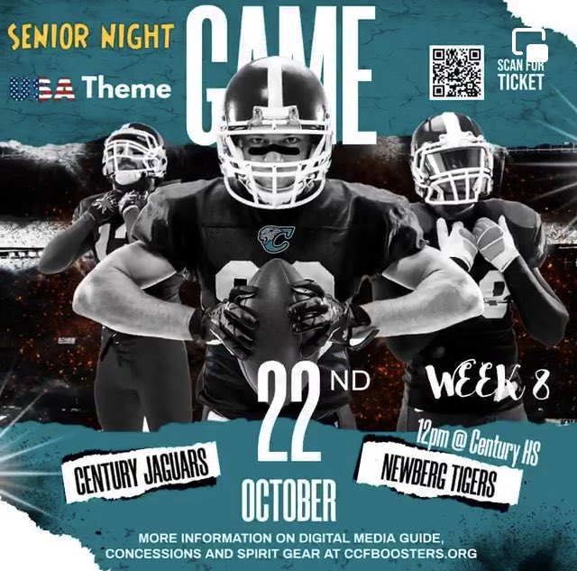 centurycommfb's tweet photo. UPDATE … VARSITY GAME RESCHEDULED.....SATURDAY, OCTOBER 22ND @ 12pm!

It's the 8th week of football and it's SENIOR NIGHT (Our last home game this season!!!) Century vs Newberg HS @ Century HS 7PM this Saturday 10/22....let's pack the stands! Theme is USA 🇺🇸!!  Go Jags! 🏈 https://t.co/ssW1IxSPqd