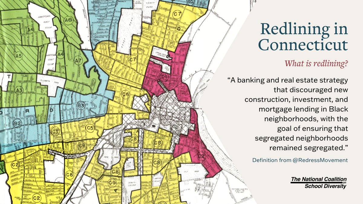 Though #CT banned explicit school #segregation in 1868, a 1909 law req'd students to attend public school where they live. A 1941 law made school district &amp; town boundaries coterminous. CT's schools reflect the effects of #redlining + suburbanization + white flight. #SteadyHabits