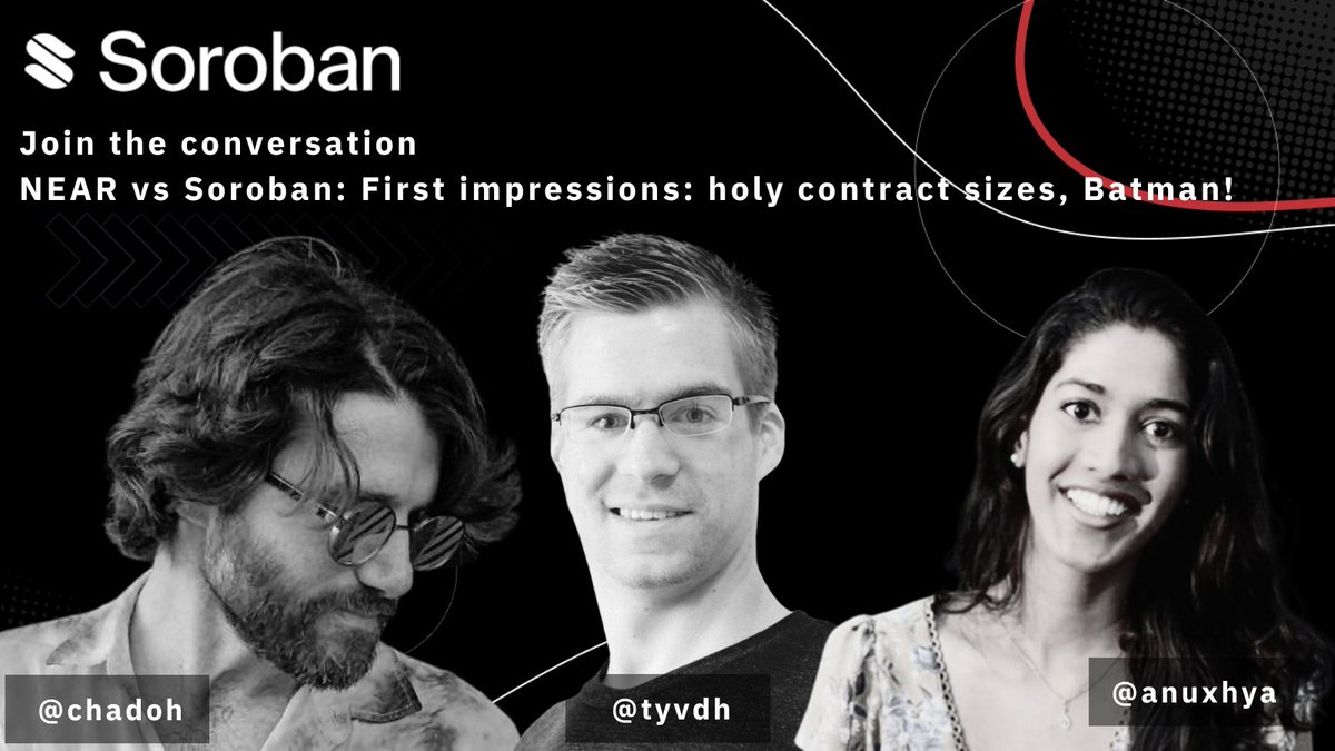 StellarOrg's tweet photo. Join @anuxhya, @tyvdh, &amp; @chadoh as they discuss Soroban vs NEAR,  Soroban first impressions, and all things Sorobanathon: First Light!

Tomorrow @ 1:30PM EST 👉 https://t.co/UkQn8qOGVd https://t.co/6sExawTL1C