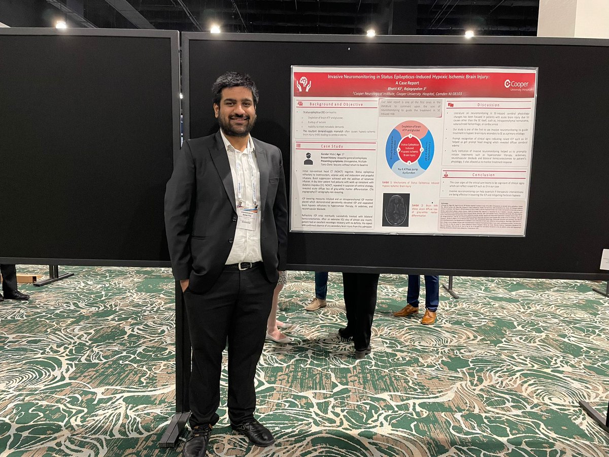 Got to present our poster on invasive neuromonitoring in status epilepticus induced HIBI <a href="/neurocritical/">Neurocritical Care Society</a> #NCS2022 . All thanks to one of the most compassionate person and wonderful physician @swarnarmd for her continuous mentorship and support. <a href="/CooperNeuroRes/">Cooper Neurology Residency</a>