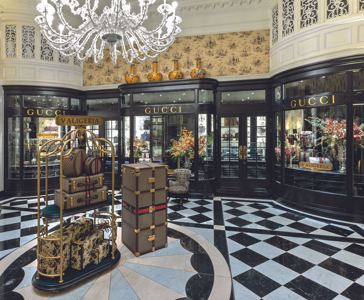 gucci's tweet photo. The #GucciValigeria ephemeral space at @TheSavoyLondon showcases the heritage-infused travel bags from the#GucciSavoy line, celebrating a shared narrative between the House and the storied hotel. Discover more https://t.co/fvGtRhvXWZ #AlessandroMichele https://t.co/dL71T0aGjO