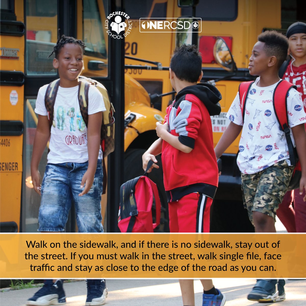 Happy #SchoolBusSafetyWeek! Today's tip is about good pedestrian behavior! Walk on the sidewalk, and if there is no sidewalk, stay out of the street. If you must walk in the street, walk single file, face traffic and stay as close to the edge of the road as you can. #ONERCSD
