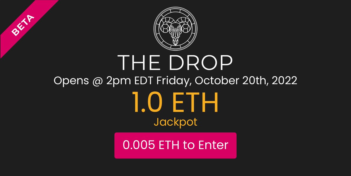 DropBilli's tweet photo. The Drop (BETA) opens tomorrow for the first time at 2pm EDT - Oct 21st!

🔥The first jackpot will be for 1.0 ETH and entry into The Drop will cost 0.005 ETH. 🔥

👀The Drop will automatically close once the 1.0 ETH jackpot is reached, so be ready!👀

*MetaMask Required https://t.co/IQiHcKuqep