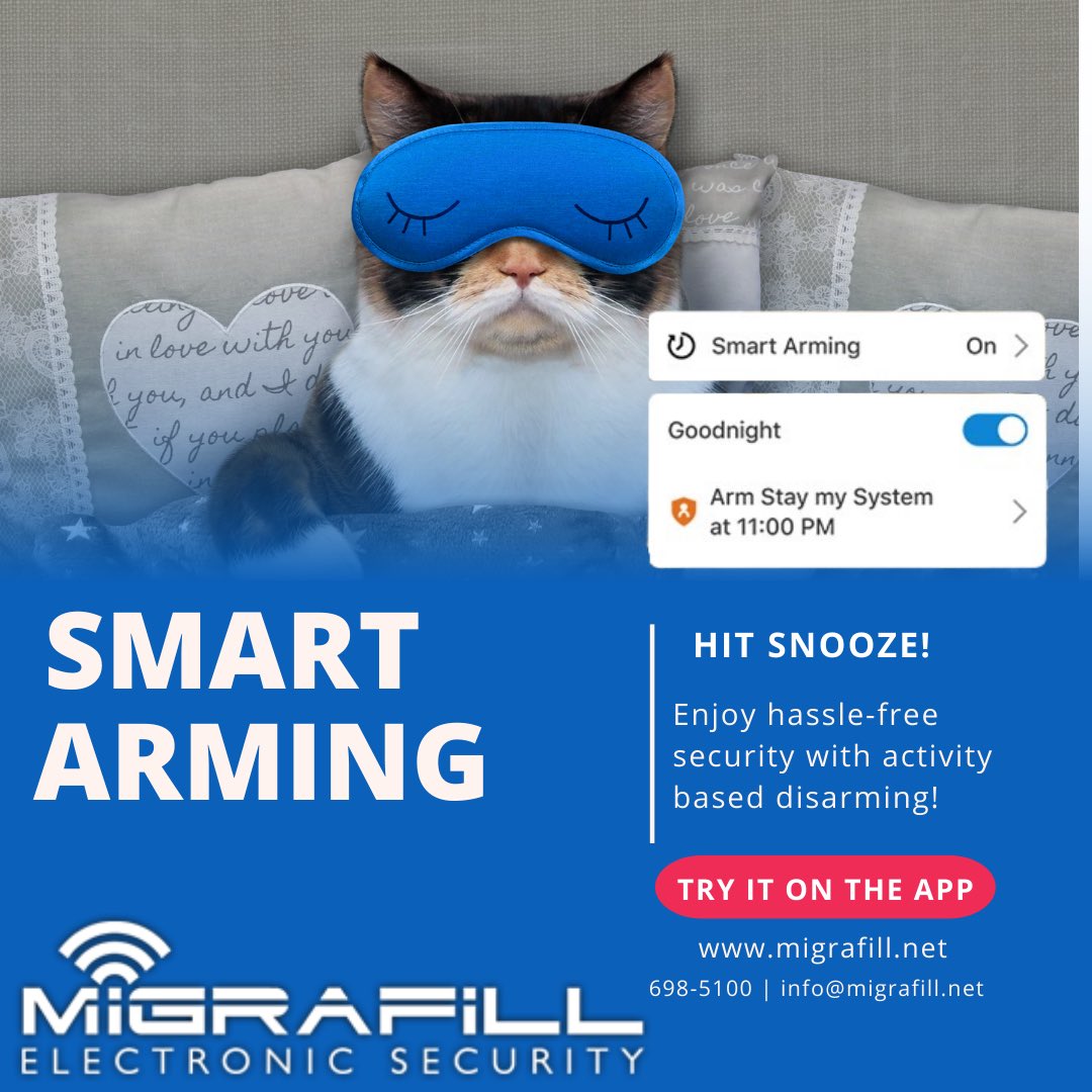 Migrafill1's tweet photo. New feature available!!! Try it now on the app 😉 Smart arming makes it even easier for those constantly on the go or who like to hit snooze 💤 #migrafillsecurity #bahamas #safety #bahamassecurity #remoteaccess #securityalarm #adc https://t.co/PMqjN6KG6e