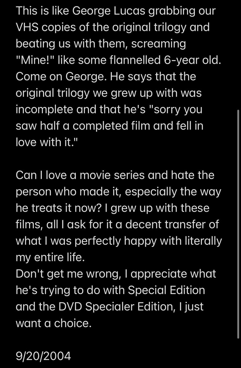 StarWarsVisComp's tweet image. I found the first cry to #ReleaseTheOriginalTrilogy I made on my personal blog the day before the 04SE came out, over 18 years ago. I’ve been in this game a long time.