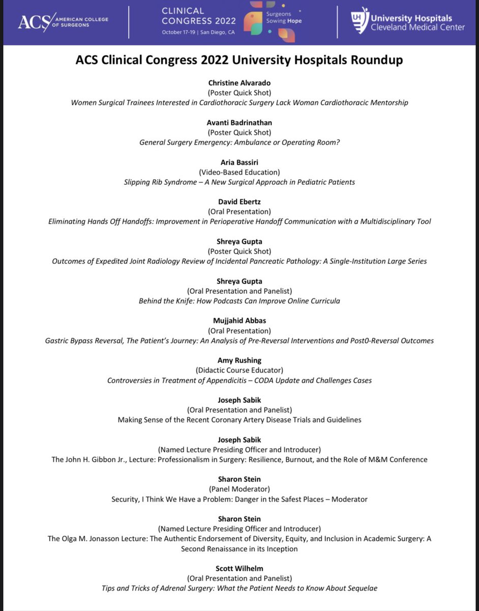 Time for an #ACSCC2022 round up! Big representation from our #UHSurgery family! Excellent job to all! @CAlvaradoMD @aba260 @AriaBassiri @EbertzDavid @shreyaguptaMD #DrAbbas #DrRushing @JoeSabik @slsteinmd1 #DrWilhelm!