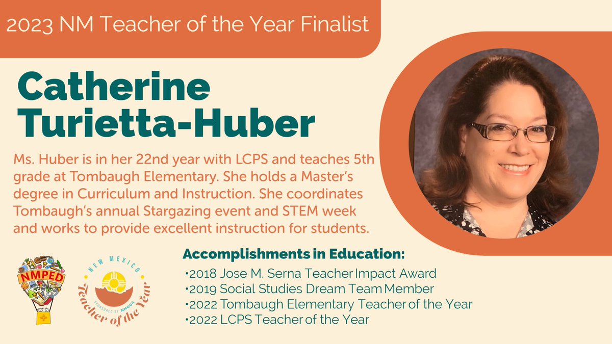 Four educators from around New Mexico were selected as finalists for the 2023 NM Teacher of the Year award! 

Meet Catherine Turietta-Huber! Thank you for your hard work, Ms. Huber! #2023NMTOY