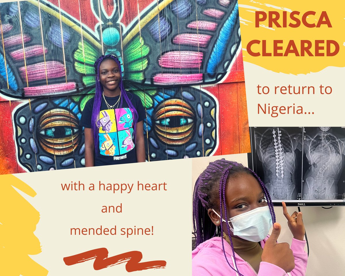 spinehope's tweet photo. Update - Prisca Nworu has healed well enough to be cleared by her surgeon to return home @Nigeria. She's leaving @Austin with a happy heart, straighter spine and, like a butterfly, a transformed body that she now loves!
#spinehope #scoliosiswarrior #CTPO #ascension #butterfly https://t.co/G0w7YbGgTz