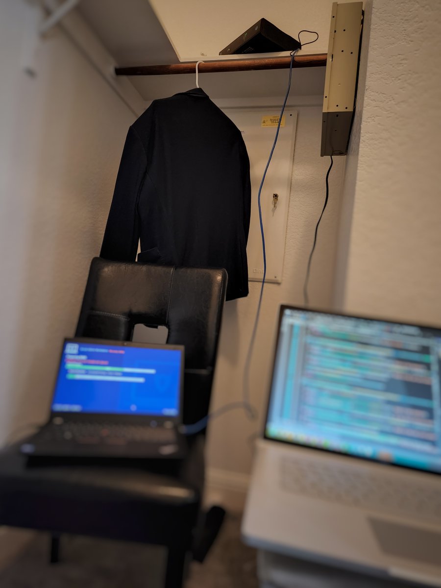 Steve_Leonard's tweet photo. When your new device needs a wired connection to set up and you have to work in the closet. https://t.co/ySCW1Dnwb7