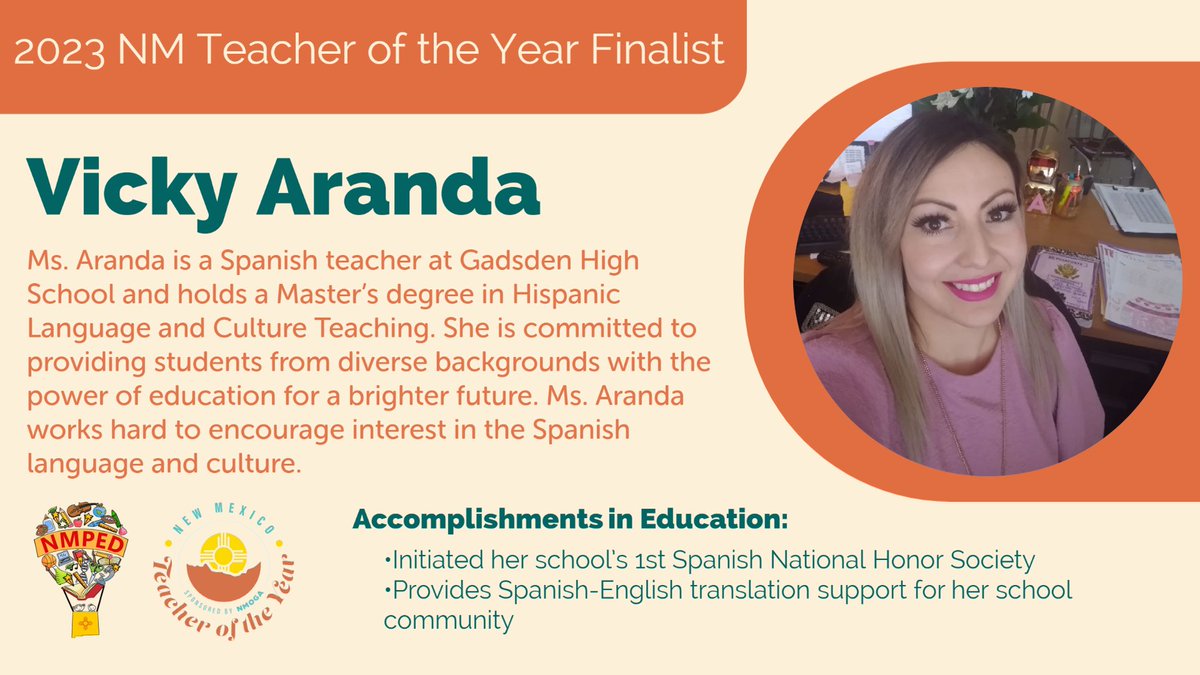 Four educators from around New Mexico were selected as finalists for the 2023 NM Teacher of the Year award! 

Meet Vicky Aranda! Thank you for your hard work, Ms. Aranda! #2023NMTOY