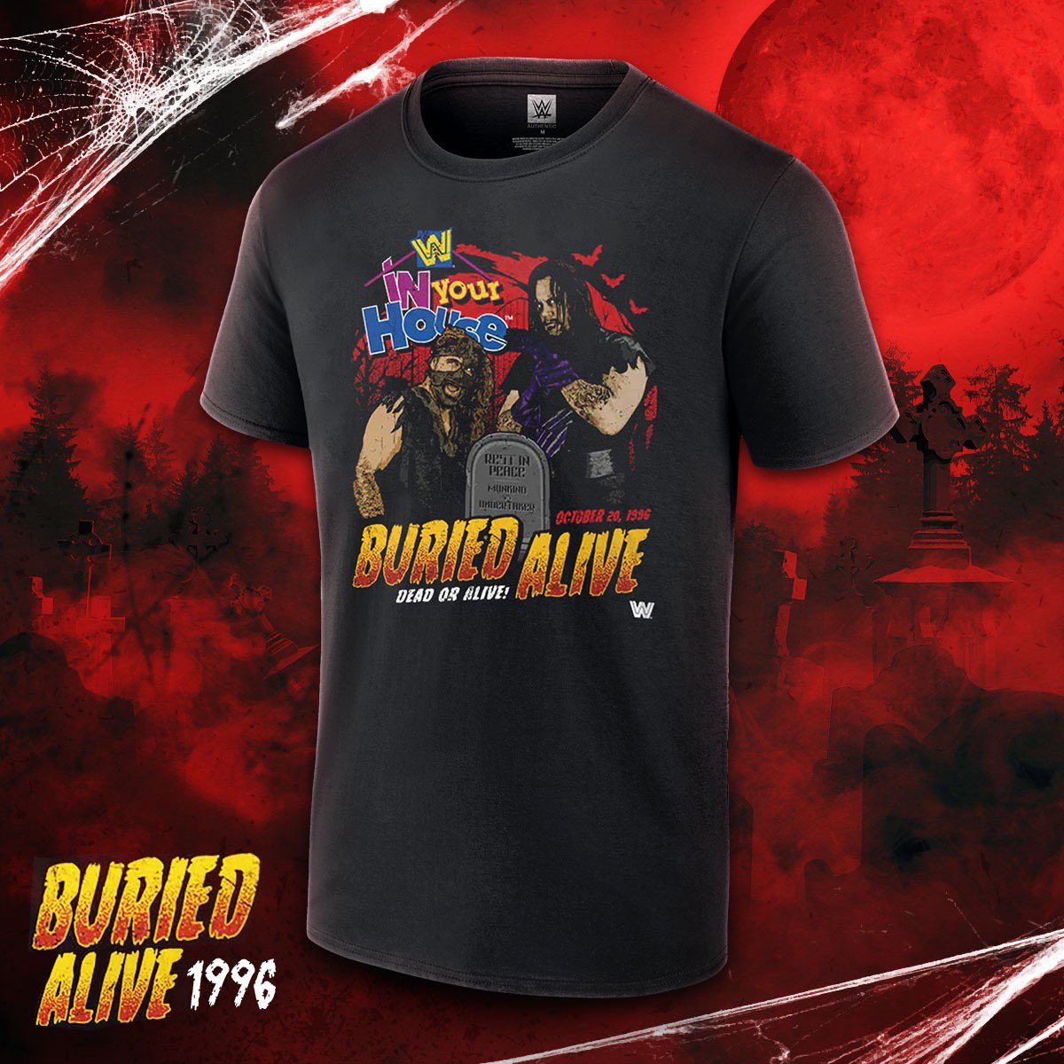 26 Years ago today, The Undertaker & Mankind faced off in the very first Buried Alive Match. Commemorate this moment in history with a Buried Alive T-Shirt! Available now at #WWEShop #WWE 🛒: bit.ly/3yTmNVB