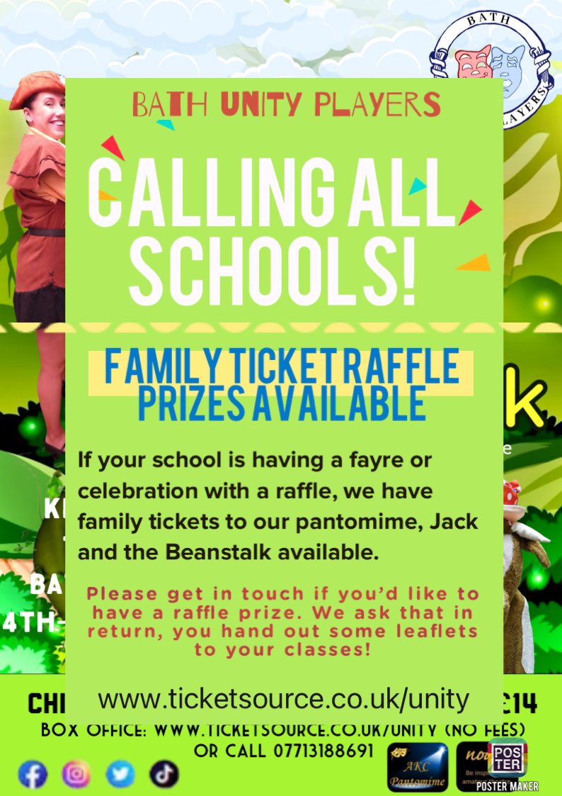 BathUnityPlayer's tweet image. 📣CALLING ALL SCHOOLS📣

We are giving away family tickets to Jack and the Beanstalk as raffle prizes to schools in and around Bath! All we ask is that in return, each school hands out our leaflets to their classes. Get in touch if you’d like to claim this!