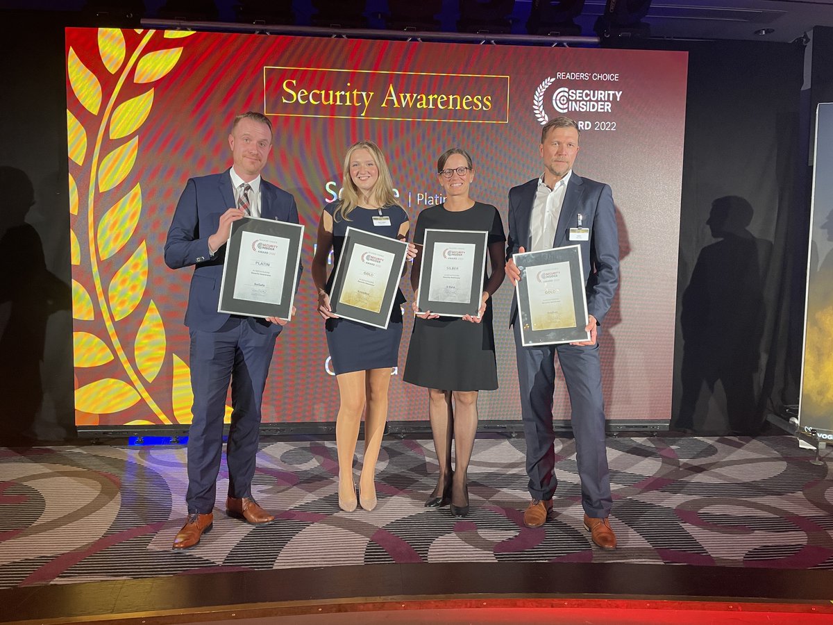 secinsiderde's tweet photo. Bei der fΓΌnften Kategorie #SecurityAwareness geht es darum den Mitarbeiter als letzte Verteidigungslinie fit zu machen. Die Gewinner der #ITAWARDS 2022 sind: @SoSafeSecurity, @knowbe4germany, @sophos_info und @GDATA #secaware #ITSicherheit #ITSecurity #Security https://t.co/5RwykoGltX