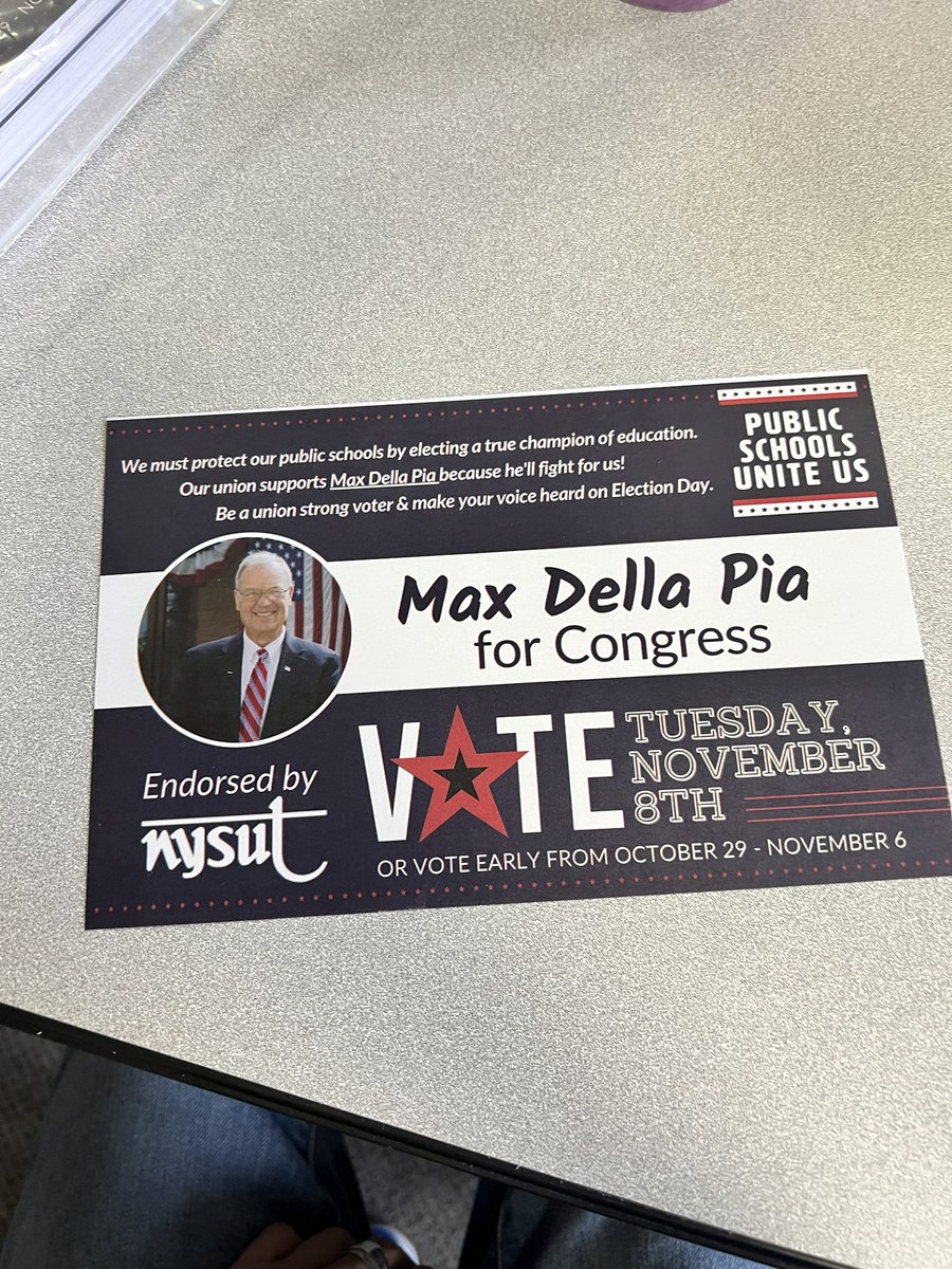 Ending a busy day w phone banking and postcard writing for <a href="/nysut/">NYSUT</a> endorsed candidate <a href="/DellaPiaForNY23/">Max Della Pia</a> Wore my #PublicSchoolsUniteUs T-shirt and #VOTE sneakers to get into the spirit. <a href="/AndyPallotta/">Andy Pallotta</a> <a href="/MelindaJPerson/">Melinda Person 🍎✌🌈</a>