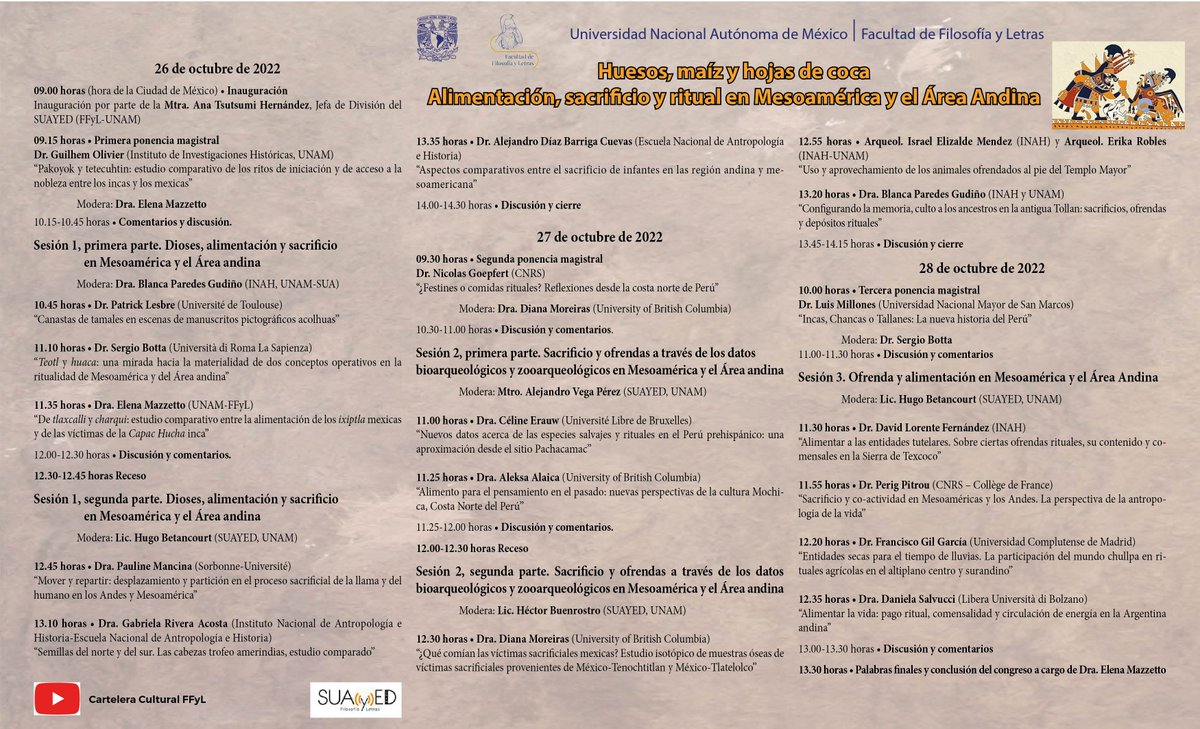 Congreso Internacional "Huesos, maíz y hojas de coca". 26, 27 y 28 de octubre, a través de la Cartelera Cultural de la FFyL:
youtube.com/channel/UCZQYV…