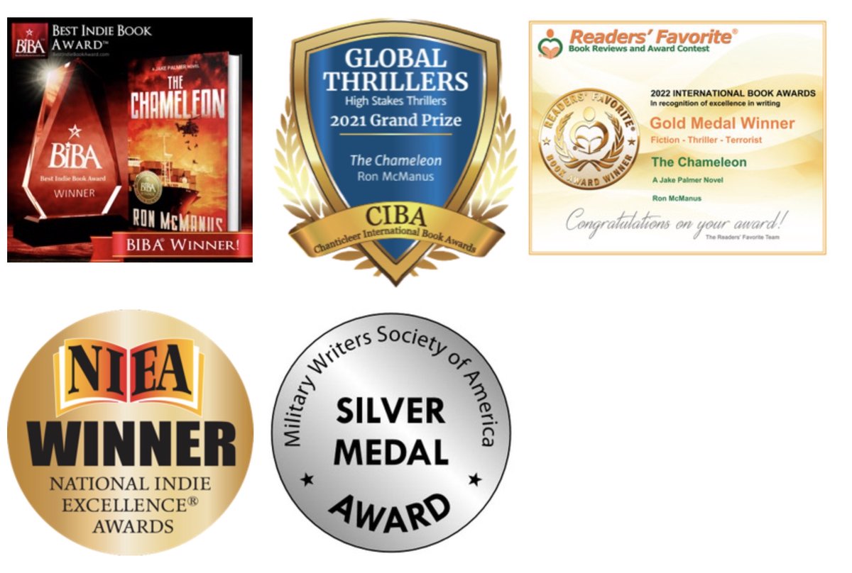 Ron_McManus's tweet photo. The Chameleon, the 4th in my Jake Palmer series has won five awards. https://t.co/fsjUrPmTuH
#thrillerbooks #ASMSG #Bublish #IAN1 https://t.co/kVsVj2cg4F