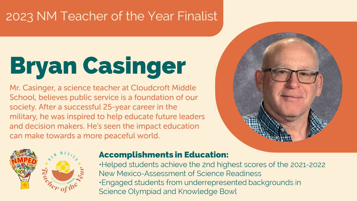 Four educators from around New Mexico were selected as finalists for the 2023 NM Teacher of the Year award! 

Meet Bryan Casinger! Thank you for your hard work, Mr. Casinger! #2023NMTOY