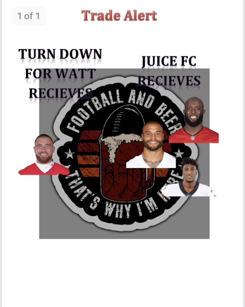 R2DLeague's tweet photo. Block buster trade from last night! Juice FC receives QB Dak Prescott, RB Leonard Fournette, and WR Michael Thomas from Turn Down For Watt in exchange for TE Travis Kelce. https://t.co/Na79YnJ0GO